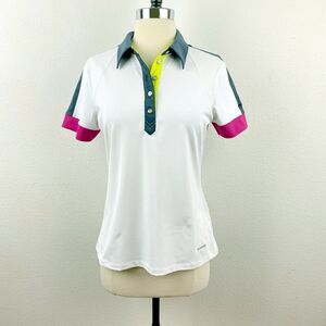 Annika Cutter & Buck Athletic Golf Polo Top Small White Blue Fuchsia Color Block